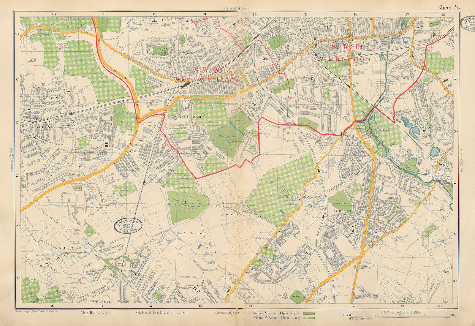 MERTON MORDEN NEW MALDEN Worcester Raynes Cottenham Motspur Park. BACON 1934 map